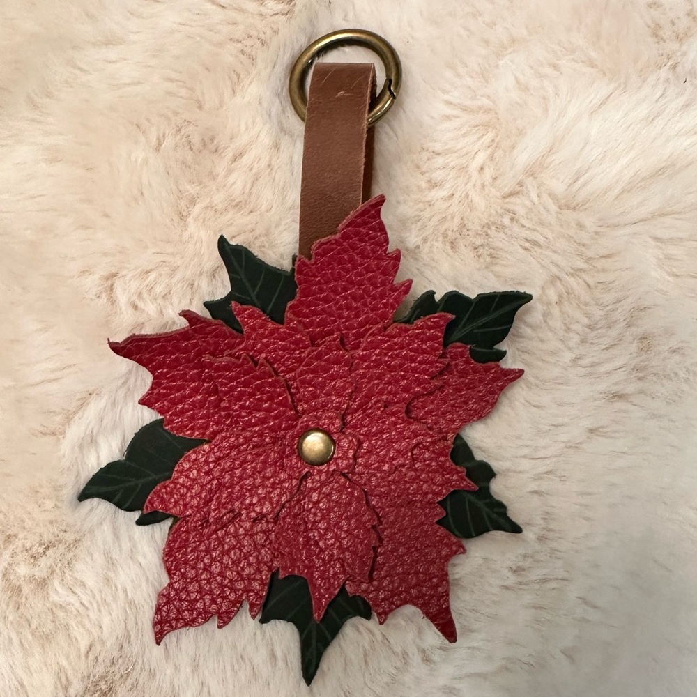 Red Poinsettia Leather Charm, Flair, Keychain